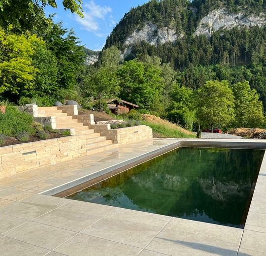 Holz-Hybrid-Pool mit Steinterrasse